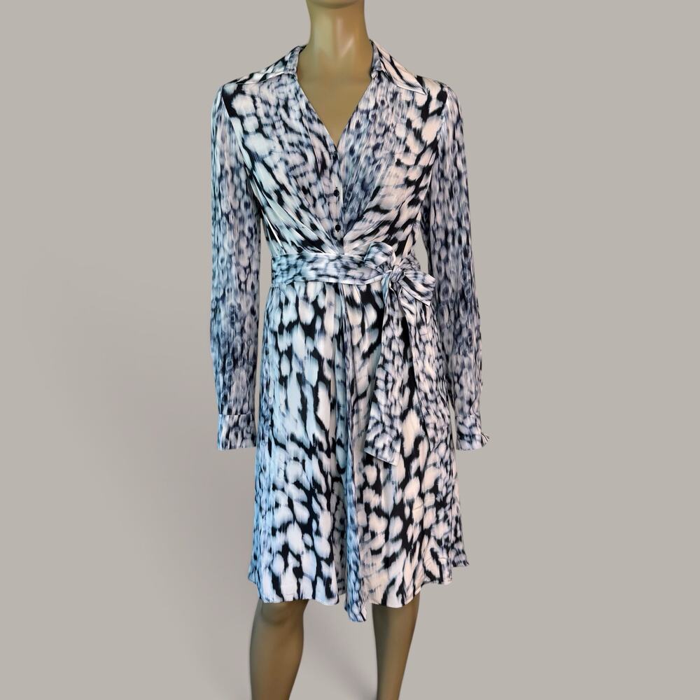 Elie Tahari Saxon Printed Shirt Dress Womens 4 Long Sleeve Tie Waist Navy White
